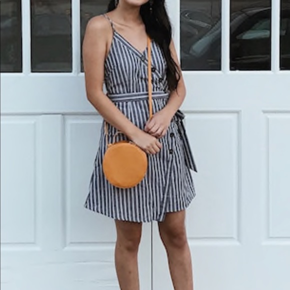 LAST ONE! Button Belted Faux Wrap Striped Dress - Picture 7 of 8